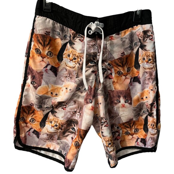 BIOWORLD Swim Trunks Mens Small Board Shorts Cat Kitten Print Collage Lined - Picture 1 of 8